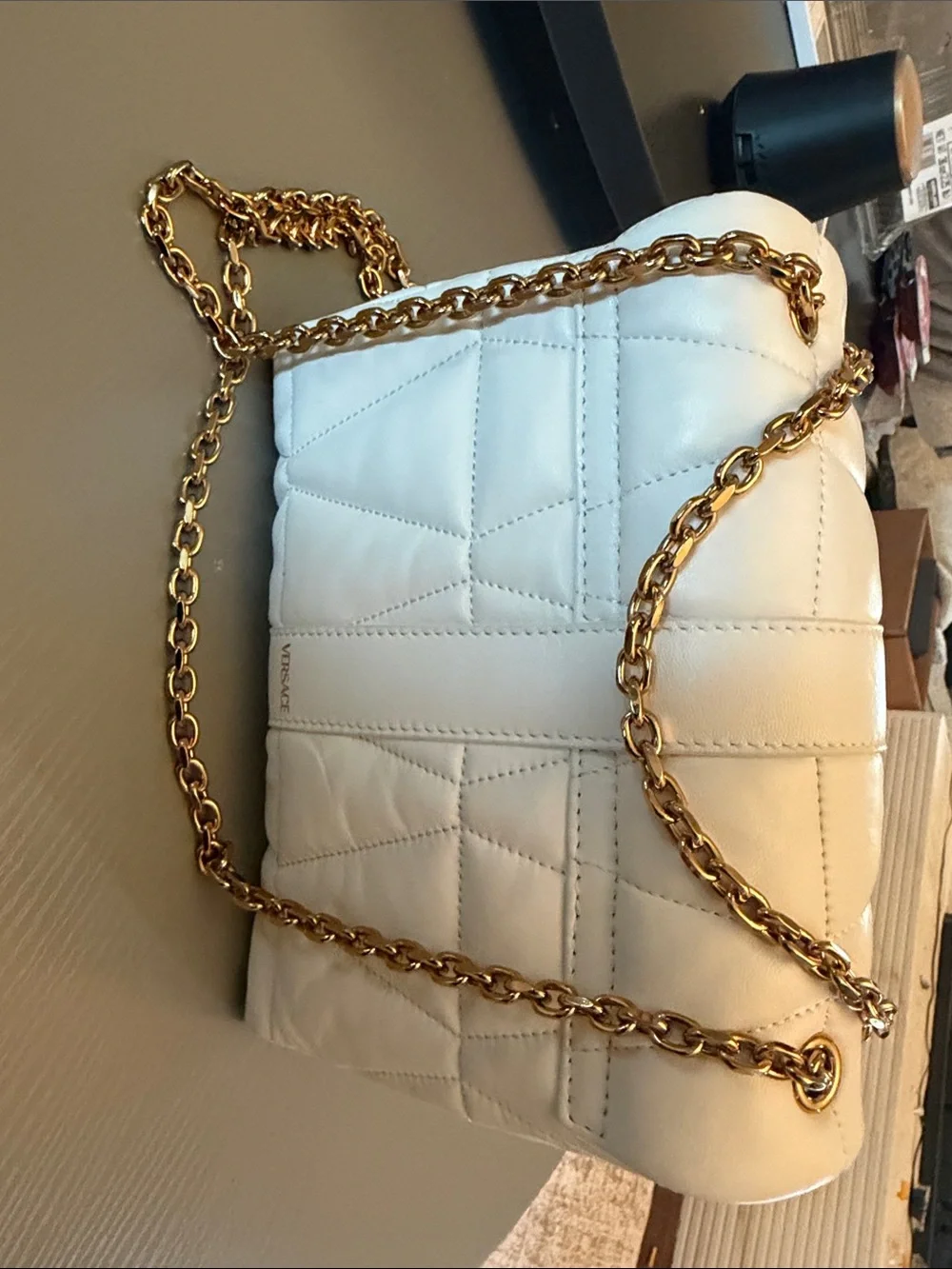 Versace White Quilted Leather Shoulder Tote with Gold Chain